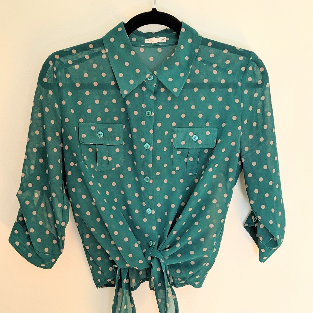 MINE tie front polka dot sheer shirt